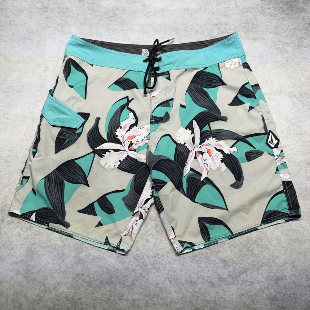 Volcom Mod Tech Mens 34‎ Gray Teal Floral Print Performance Surf Board Shorts